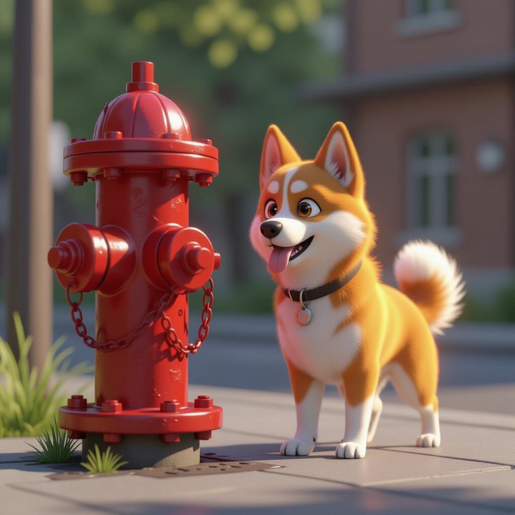 Dog Cowering Before Animated Fire Hydrant in 3D Anime Style