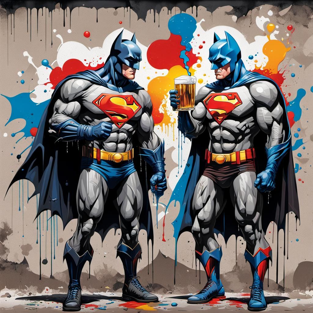 Batman and Superman Relaxing with Beer, Graffiti Art