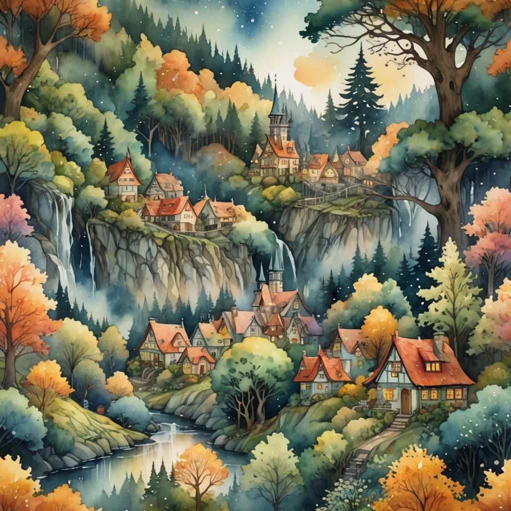 Watercolor Fantasy Landscape in Dreamy Style