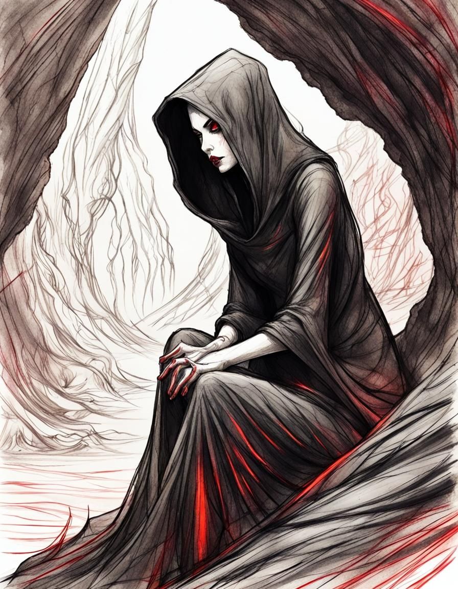 Female Grim Reaper Sketch in Lava Cave