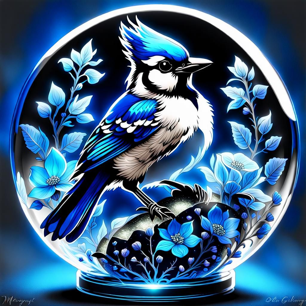 Blue Jay in Bioluminescent Sphere: Magical Fantasy Artwork
