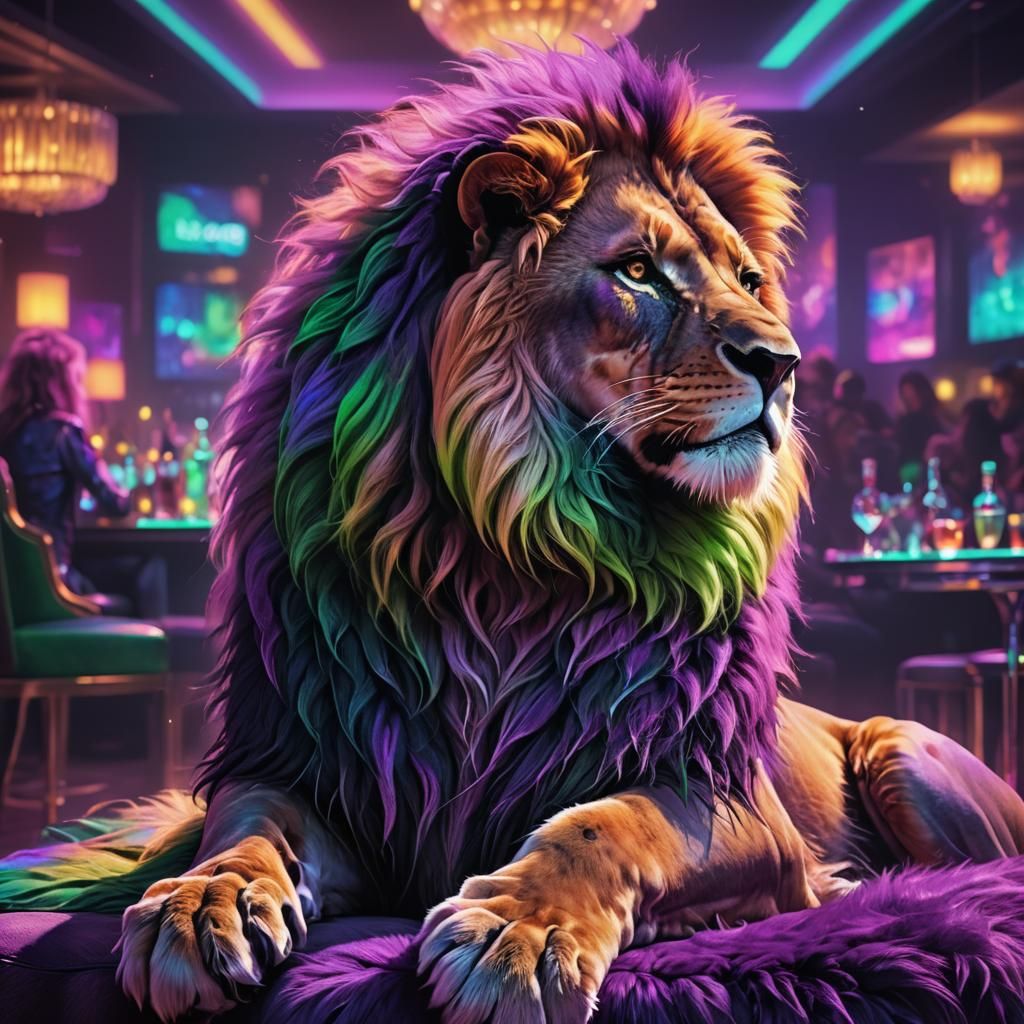 Glowing Lion in Neon Nightclub: Fantasy Concept Art