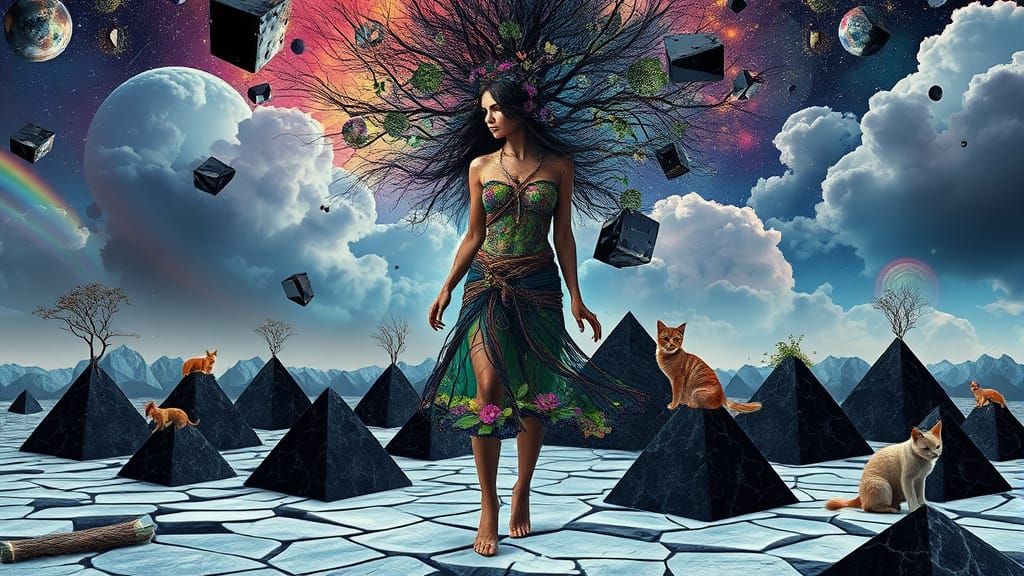 Surreal Woman Composed of Tools Tribe Walks on Black and Whi...