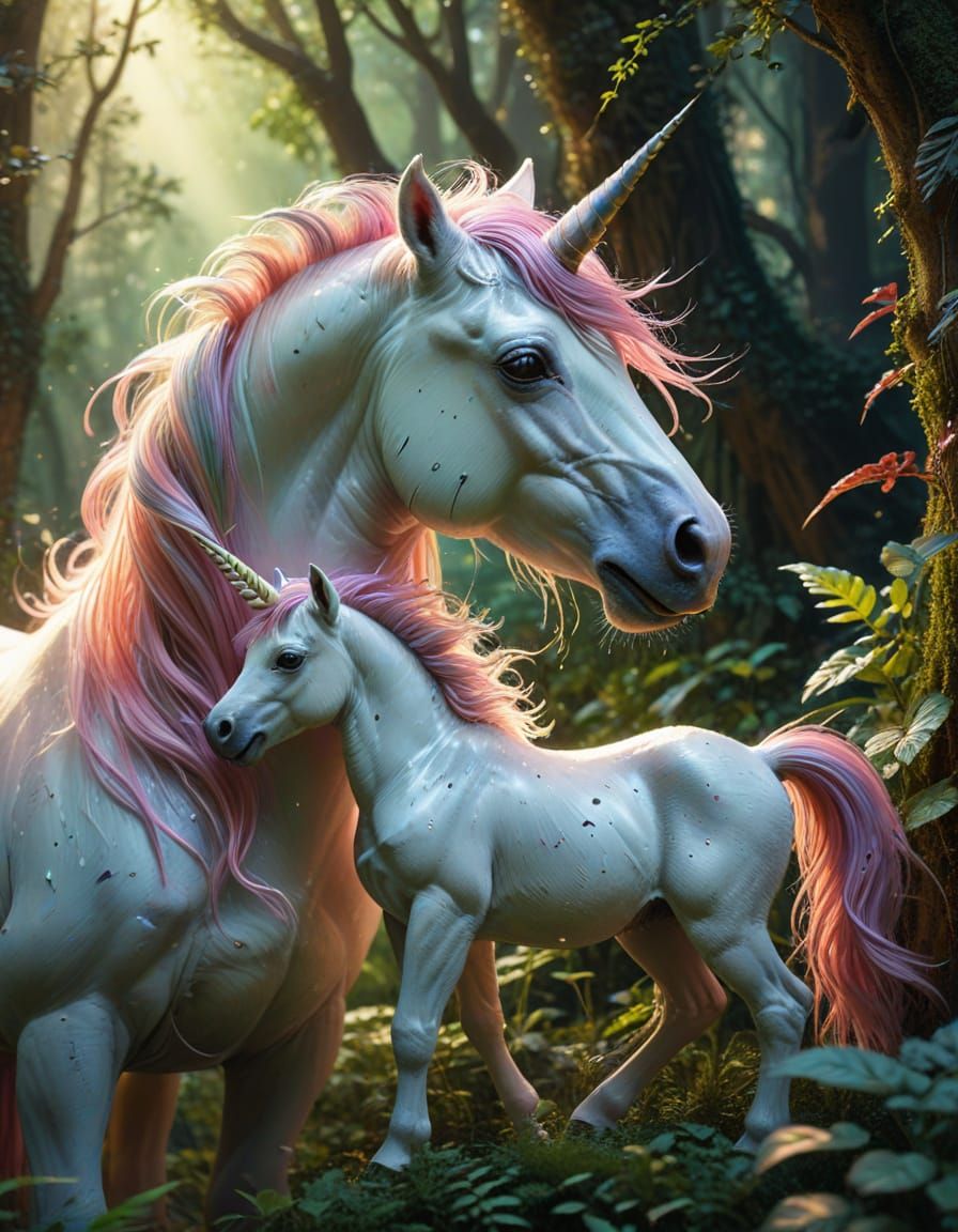 Magical Rainbow Unicorn Mother and Baby in Enchanted Forest