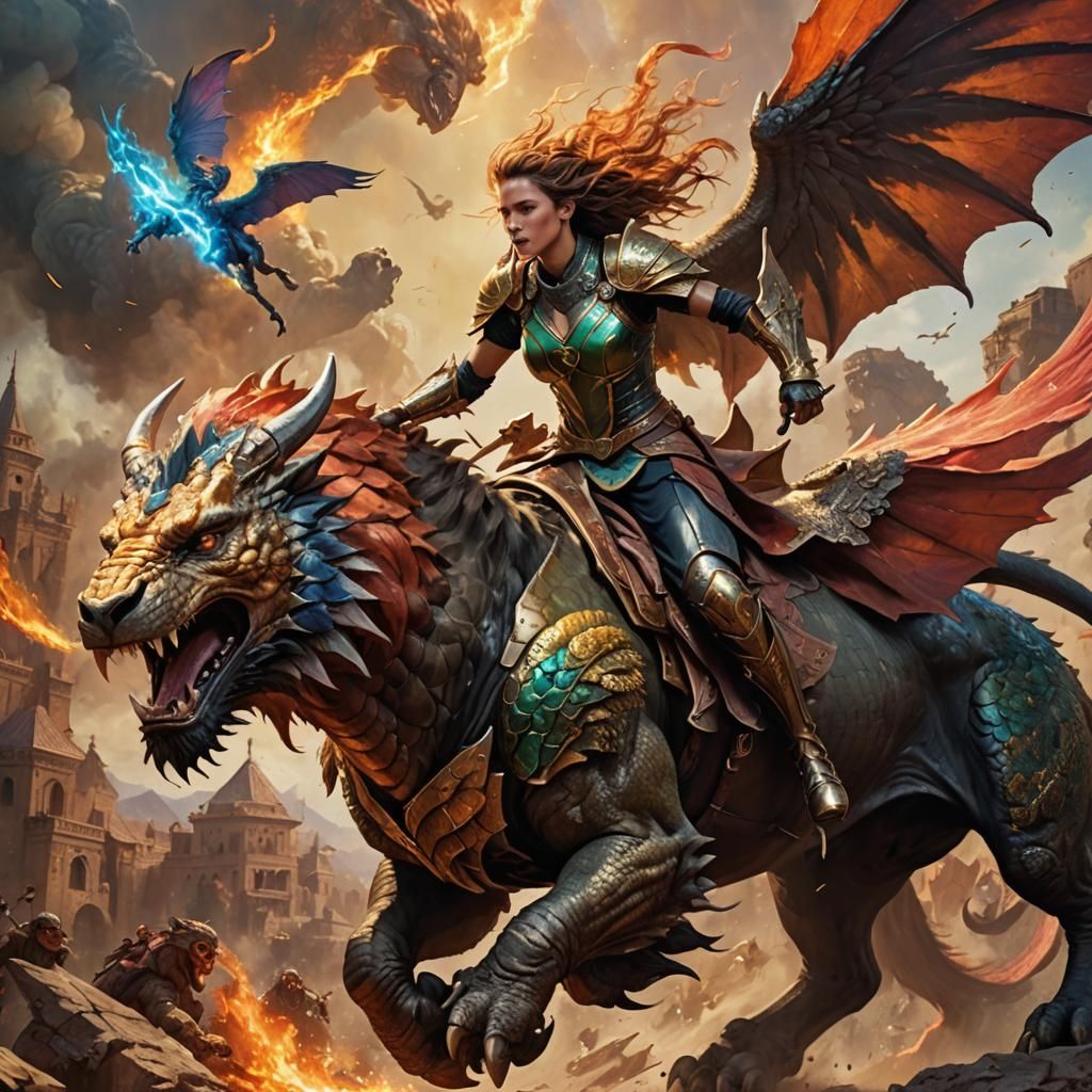 Amazon Warrior on Chimera in Fantasy Battle