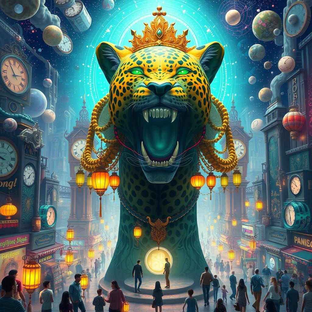 Leopard Queen in Cityscape with Teal Halo