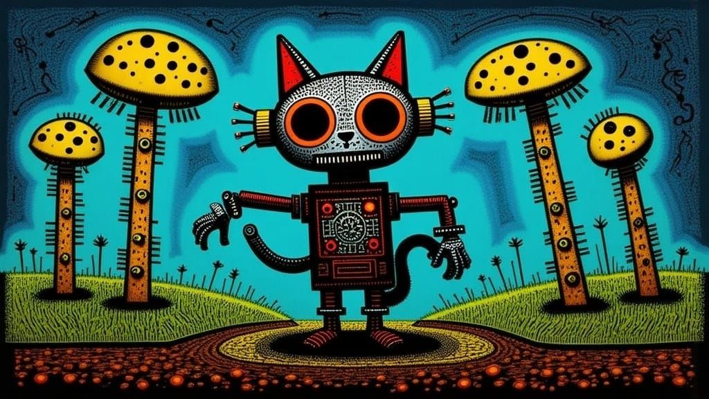 Grotesquely Adorable Steampunk Cat in a Vibrant Blue Forest