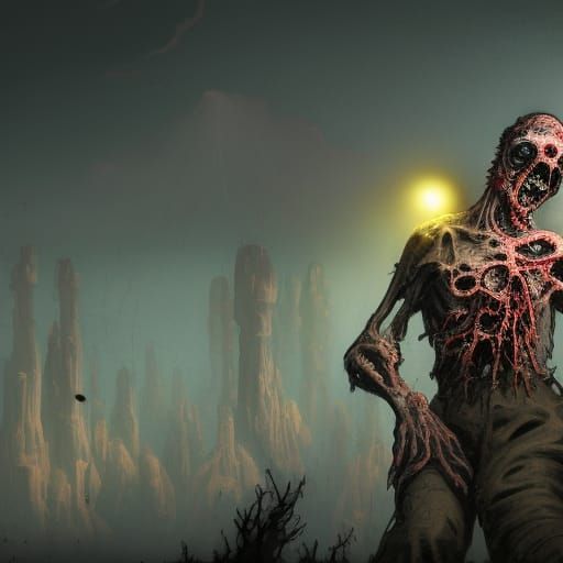 Zombie in Gas Mask Amid Nuclear Explosion