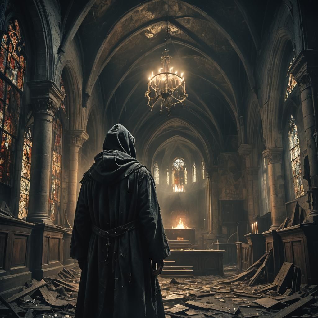 Ominous Figure in Abandoned Church, Dark Fantasy Art