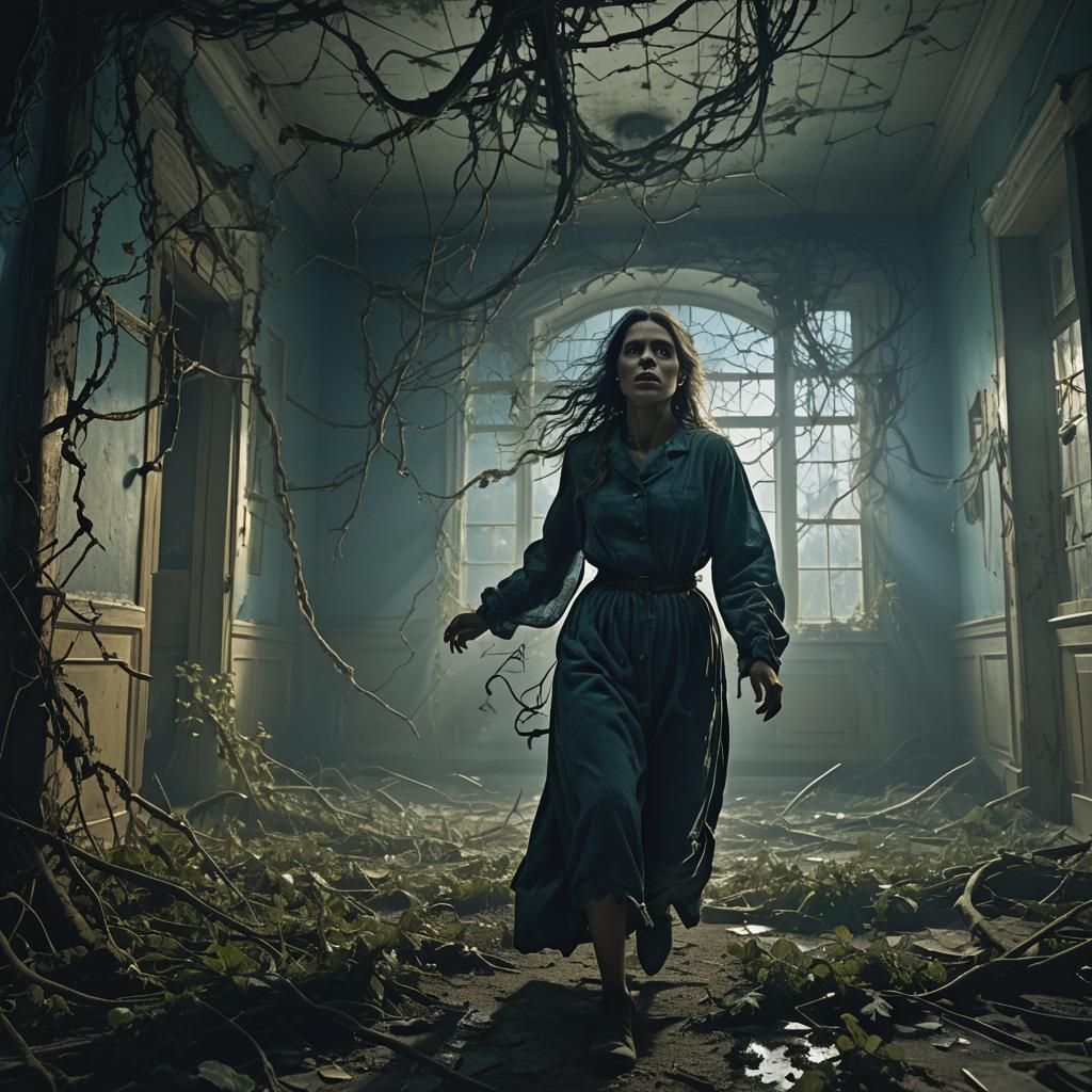 Woman Escaping Abandoned Hospital in Dark Fantasy Style