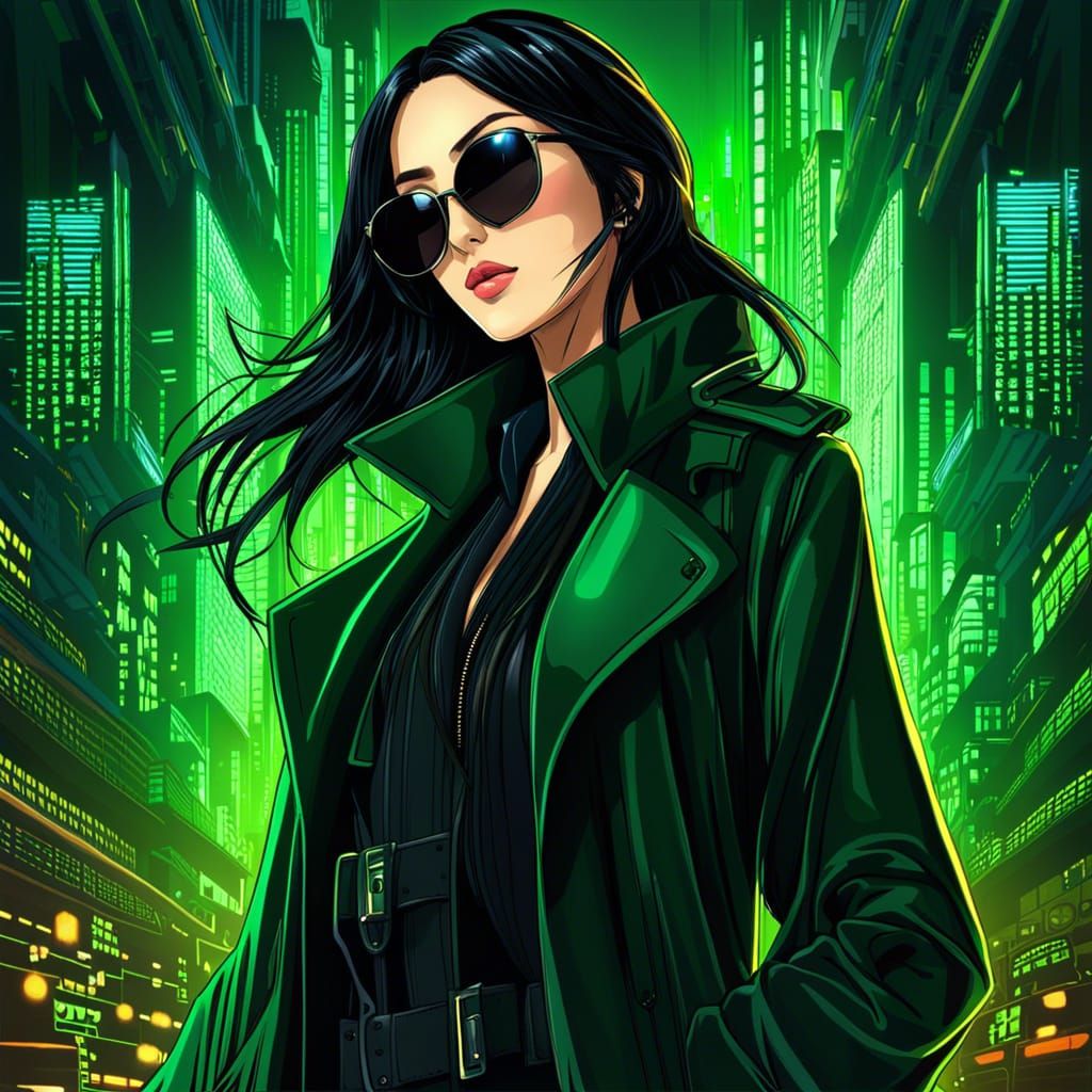 Anime Woman in Trench Coat with Matrix Code Effect