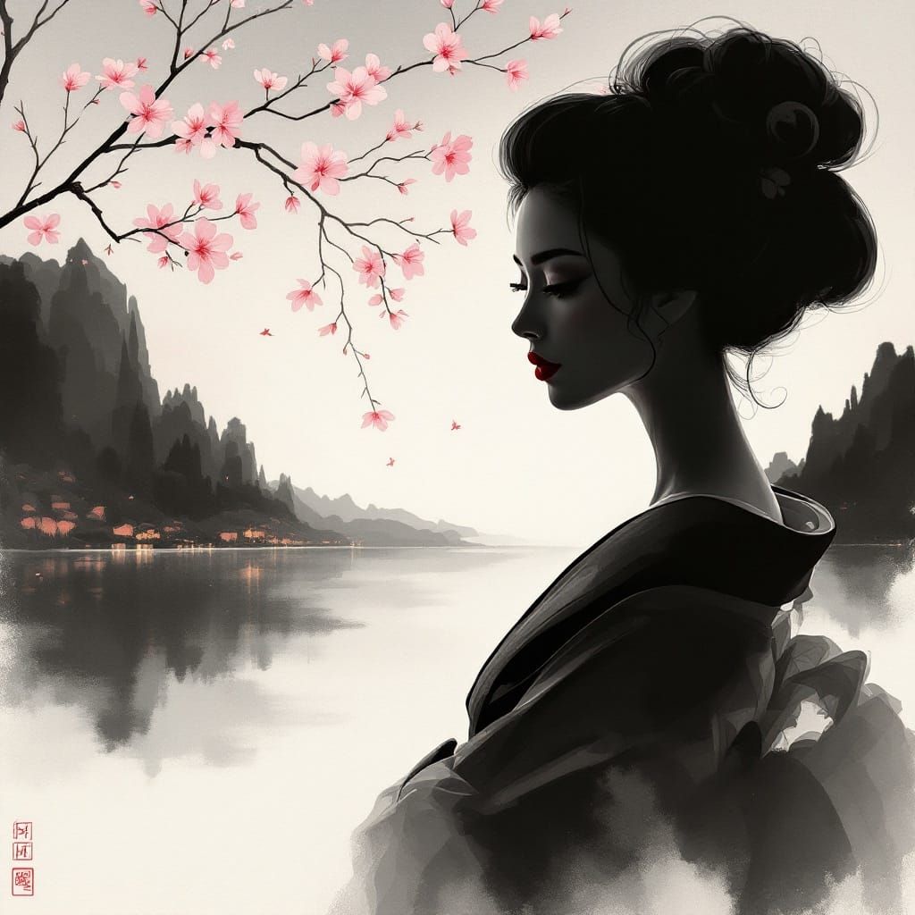 Elegant Geisha in Cherry Blossom Twilight