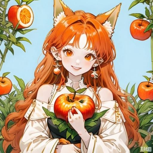 Anime Girl with Fox Ears Eating Apple