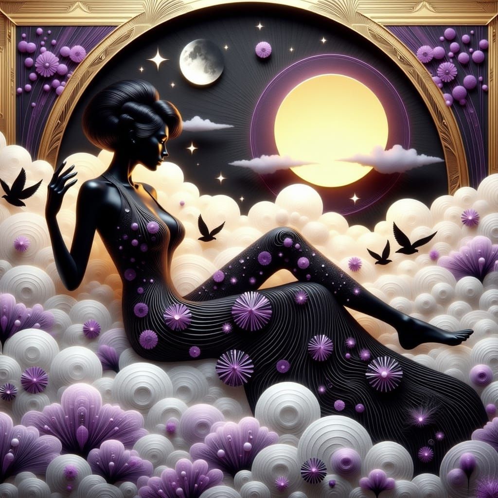 Ethereal Art Deco Goddess Amidst Cloudy Skies