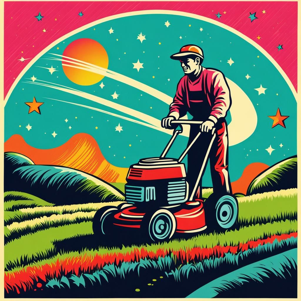 Retro Pop Art: Man Mowing Lawn on Alien Planet