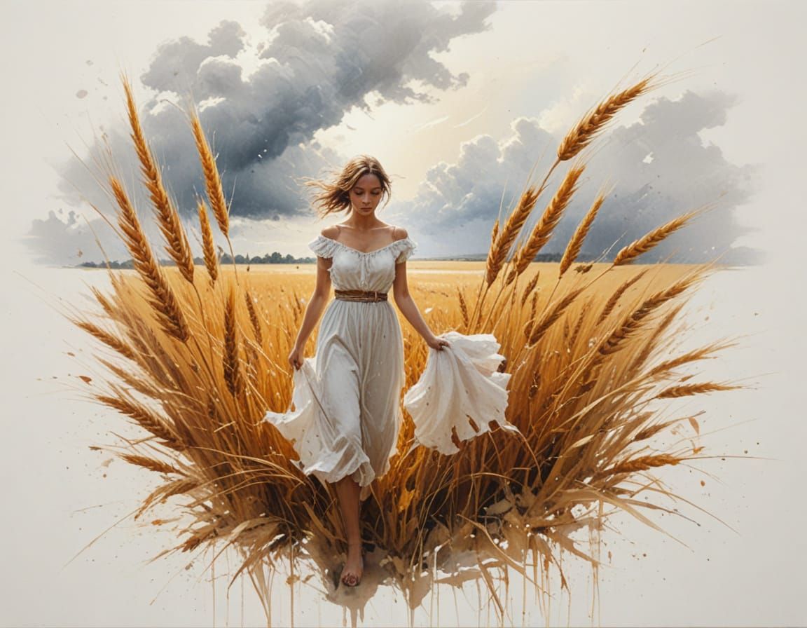 Dramatic Thunderstorm Over Golden Wheat Fields Oil Painting