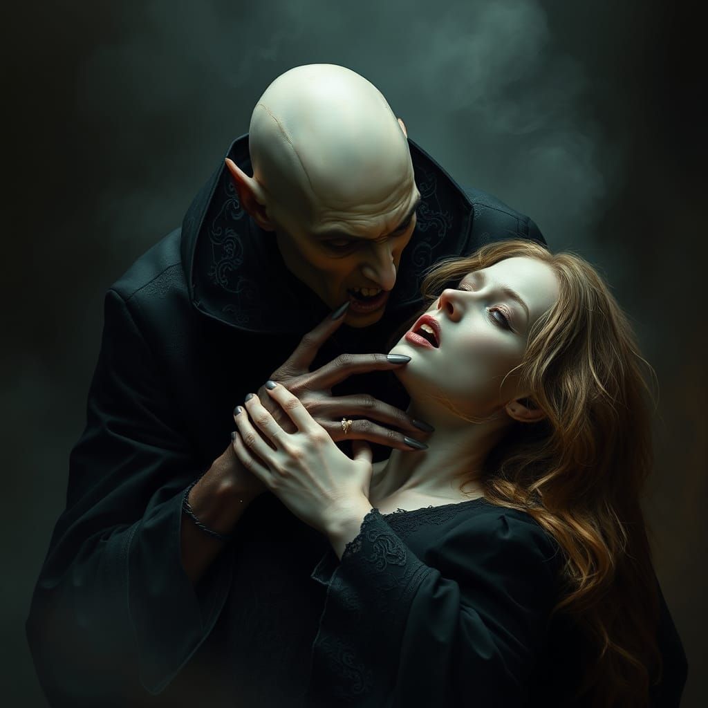 Nosferatu Vampire Bites Woman in Eerie Scene