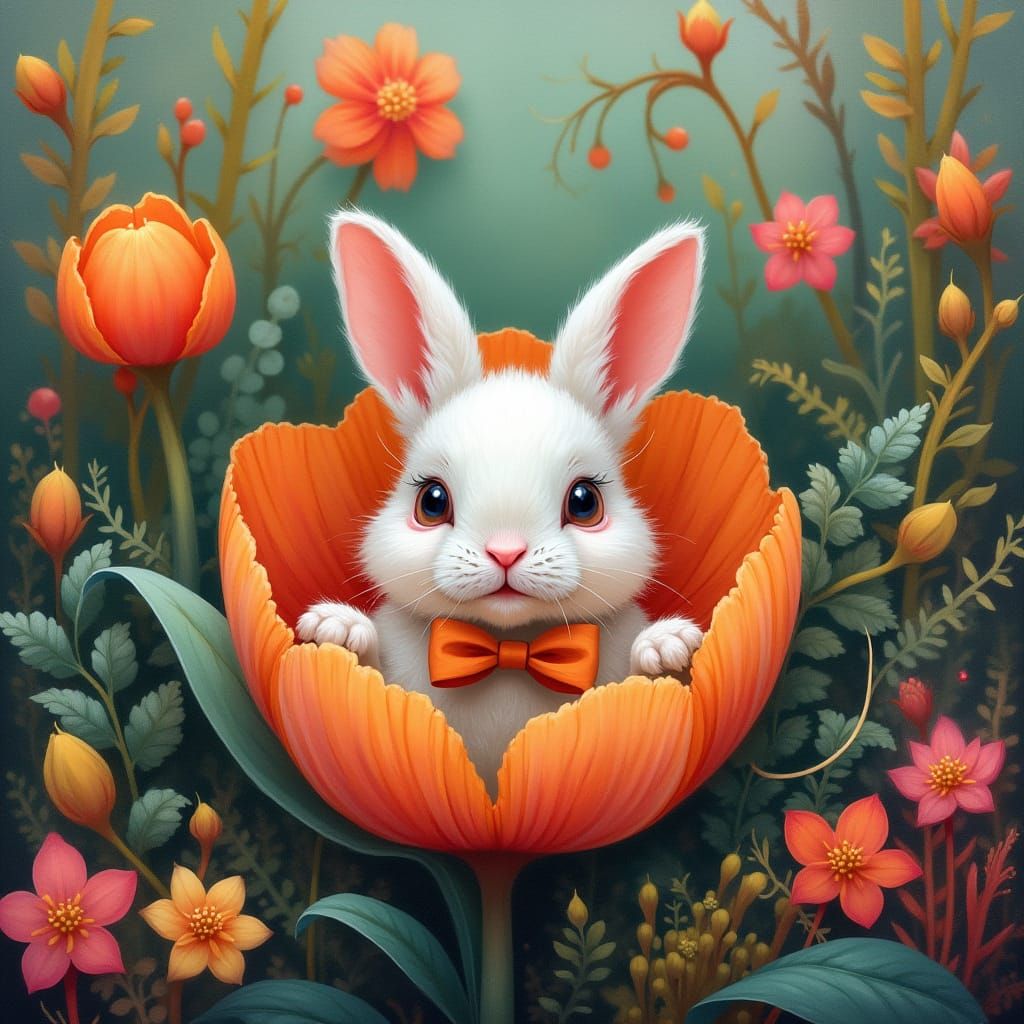 Tiny Bunny Emerges from Garden Petal in Whimsical Oil Painti...