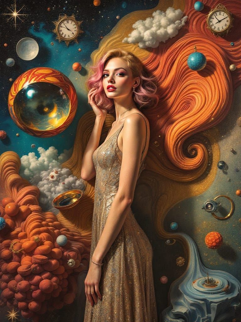 Surreal Pin-Up Woman in Dreamlike Starfield, Dalí Inspired