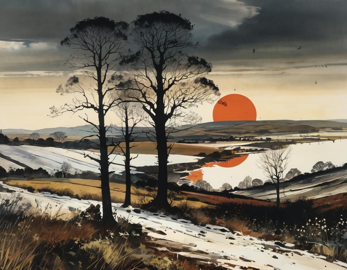 Earth-Toned Landscape with Ancient Ruins and Trees