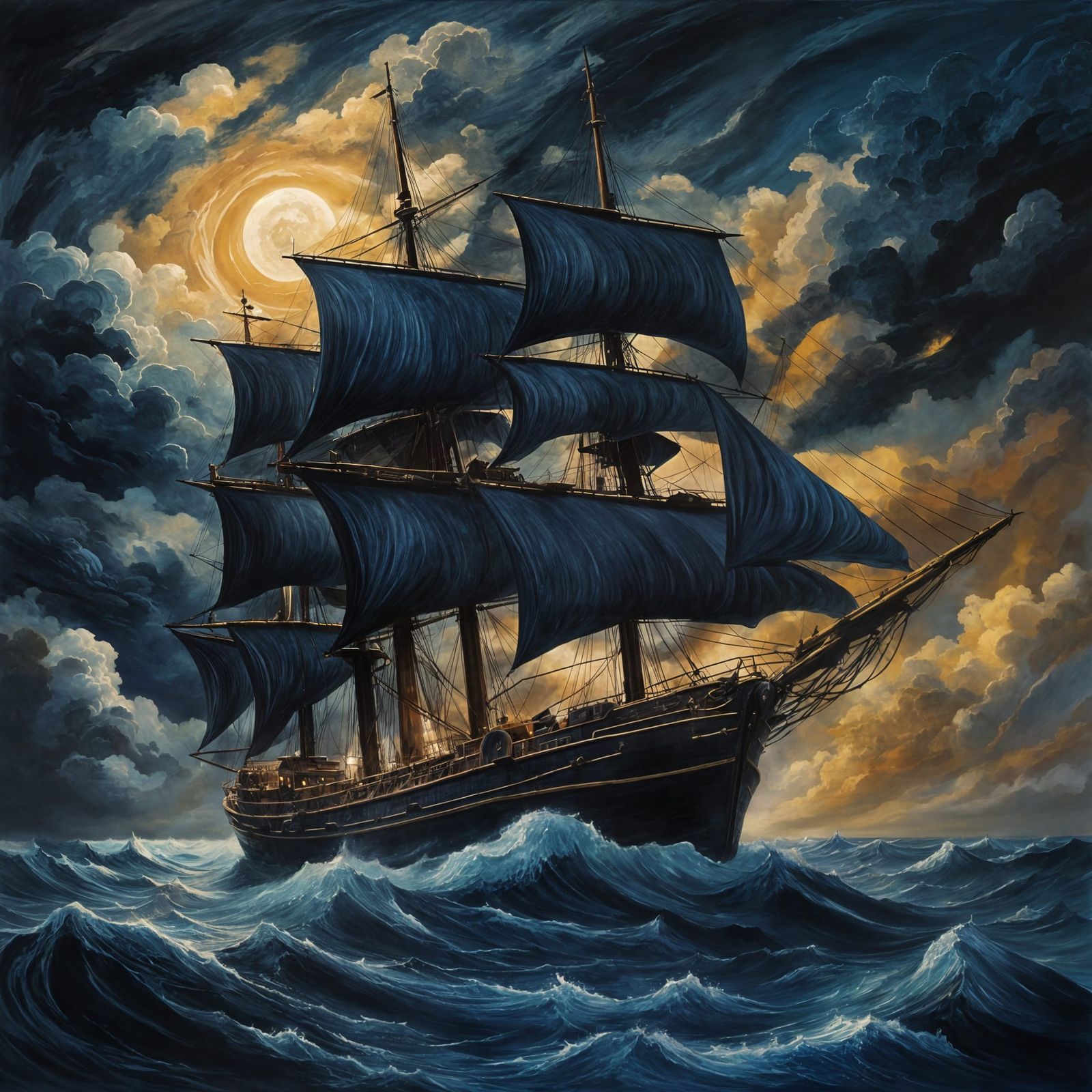 Indigo Ship Navigates Stormy Night Sky