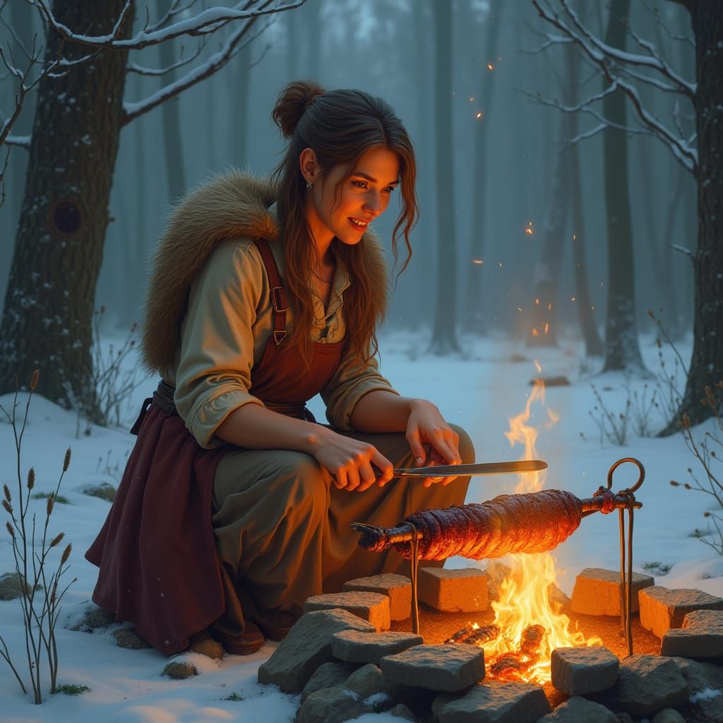 80's Fantasy Art Style Woman Cooking by Campfire in Late Win...