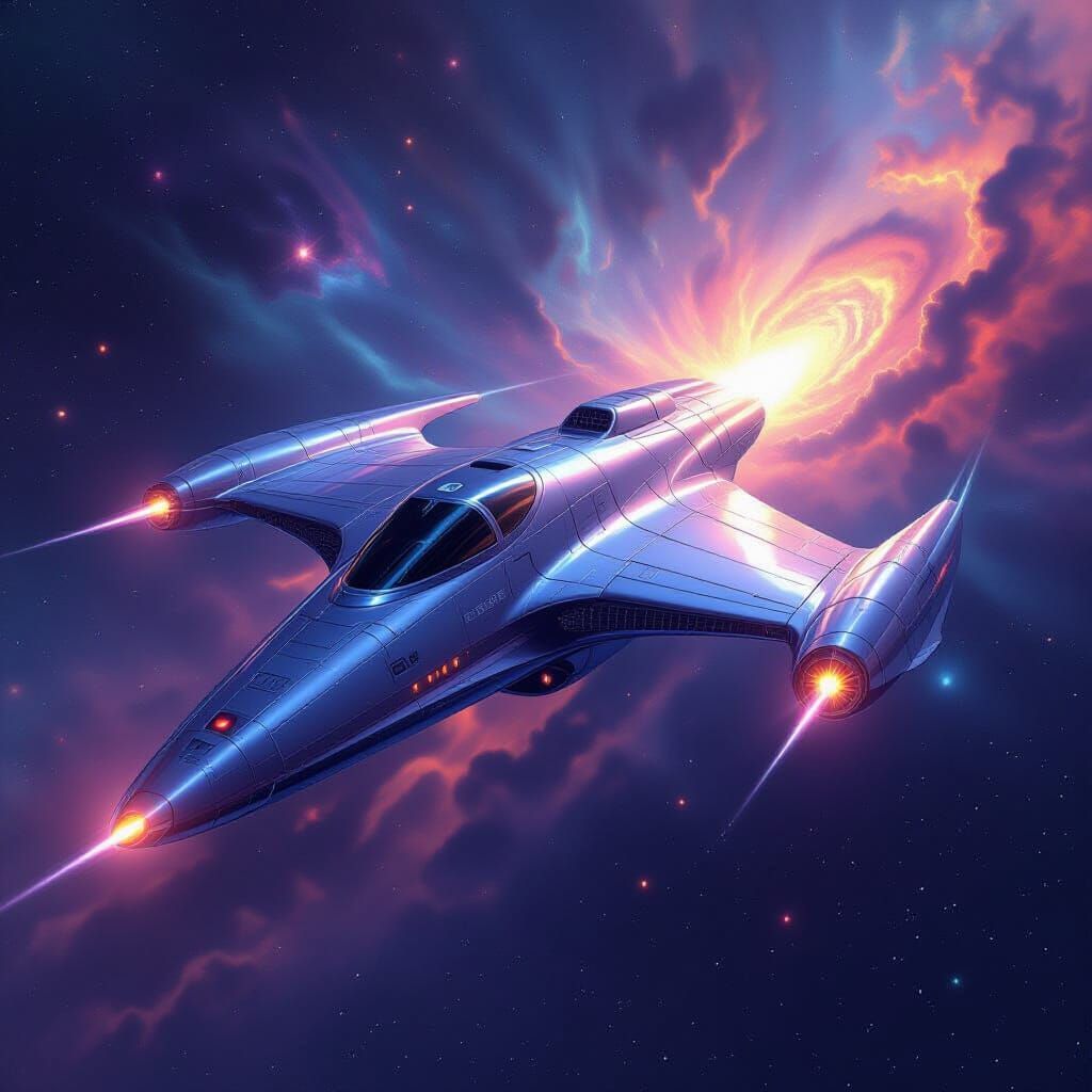 Chrome Starship Soaring Through a Cosmic Nebula