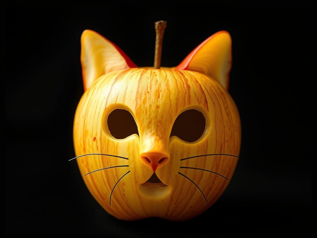 An Apple with a Feline Visage in Surrealism Style