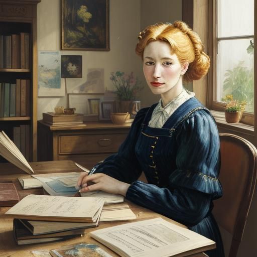 Woman at Desk in Vibrant, Impasto Oil Painting