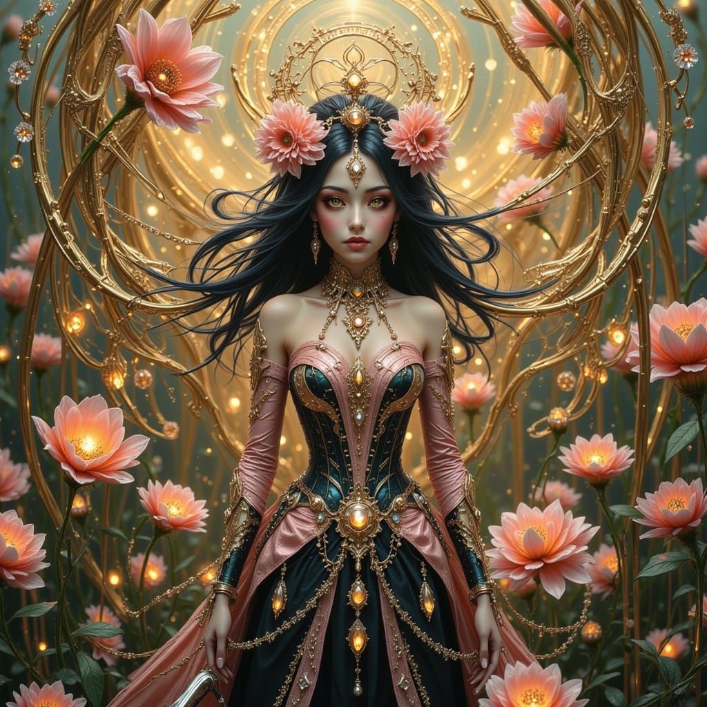 Clockwork Woman in Floral Field, Art Nouveau Style
