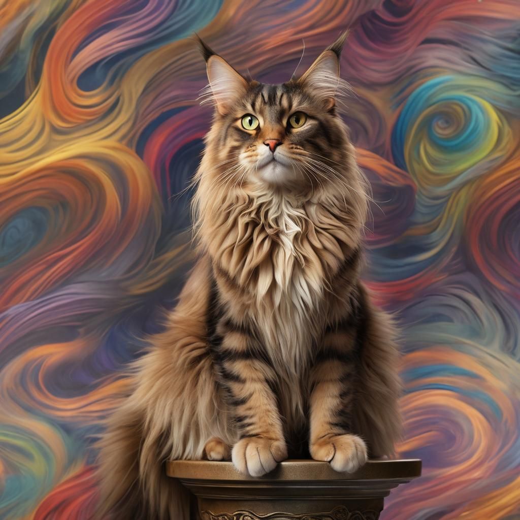 Majestic Maine Coon in Colorful Vortex, Digital Art