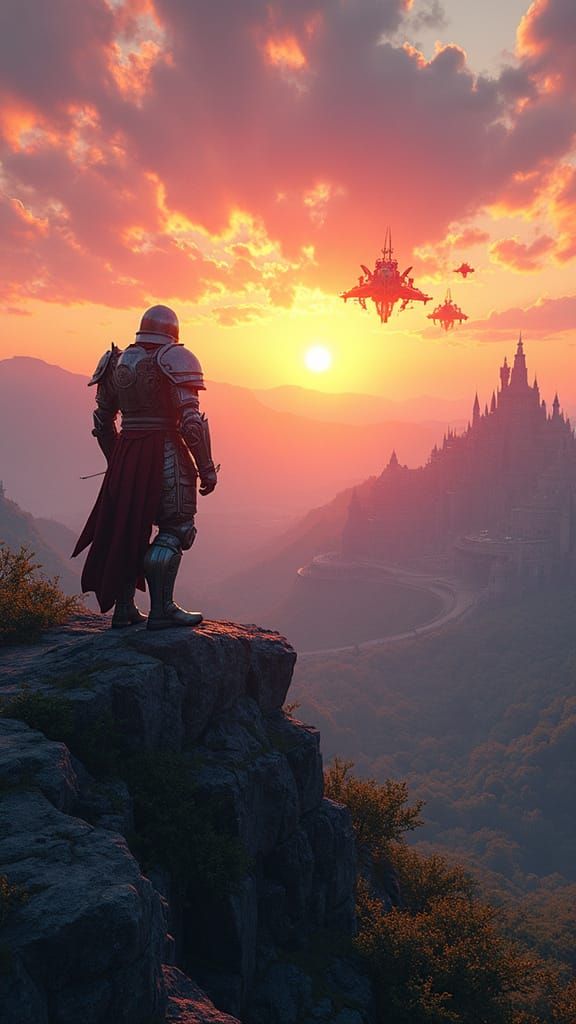 Heroic Warrior Surveys Vibrant Fantasy Realm