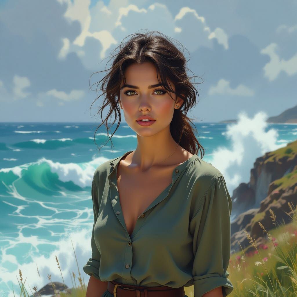 Woman on Precipice Overlooking Turbulent Sea