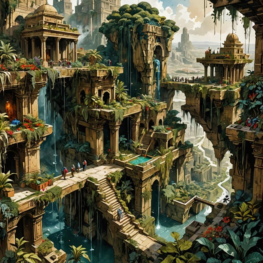 Hanging Gardens of Babylon: Watercolor Fantasy Masterpiece