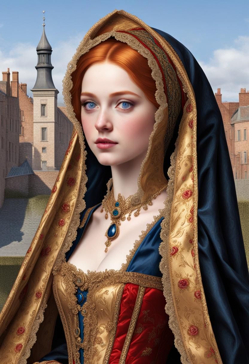 Tudor Woman in Brocade Gown: An Oil Painting