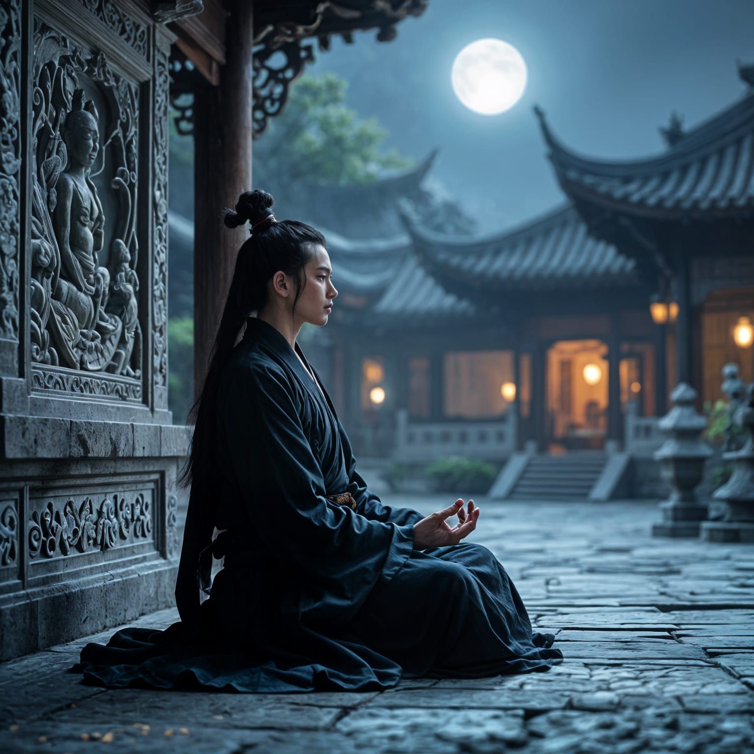 Wudang Monk Meditating in Moonlit Temple Courtyard