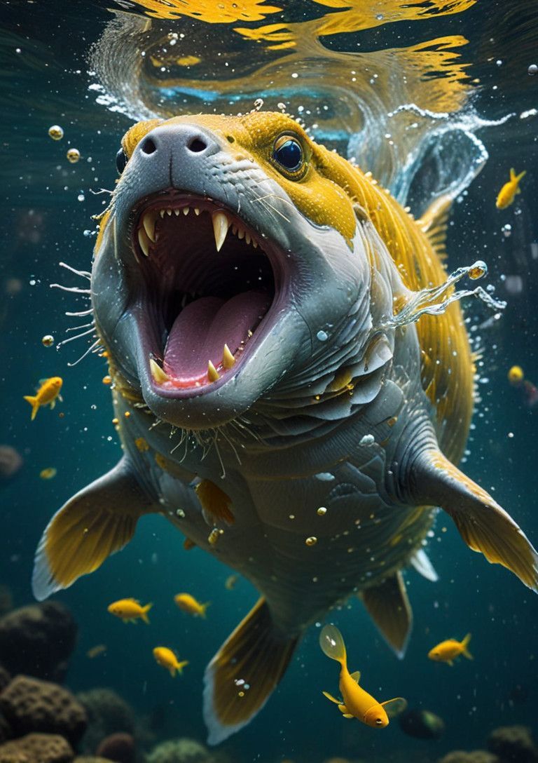 Surreal Bear with Golden Fish and Glowing Hair in Turbulent...