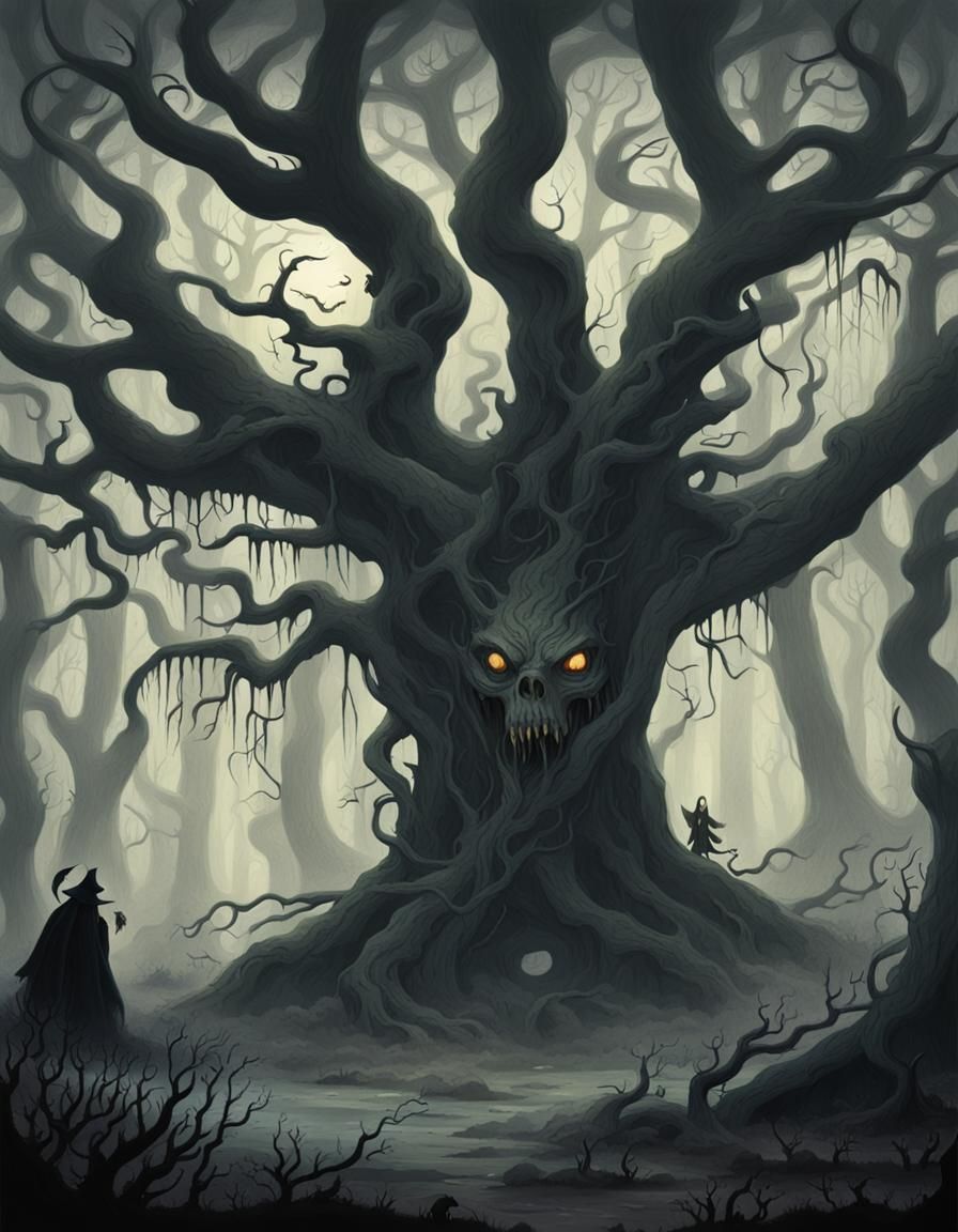 Eerie Haunted Forest with Ghostly Apparitions