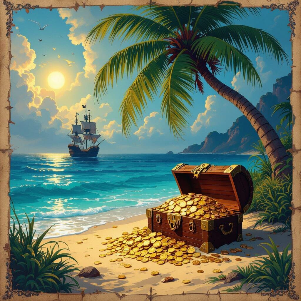 Pirate Map Leading to Buried Treasure in Fantasy Style