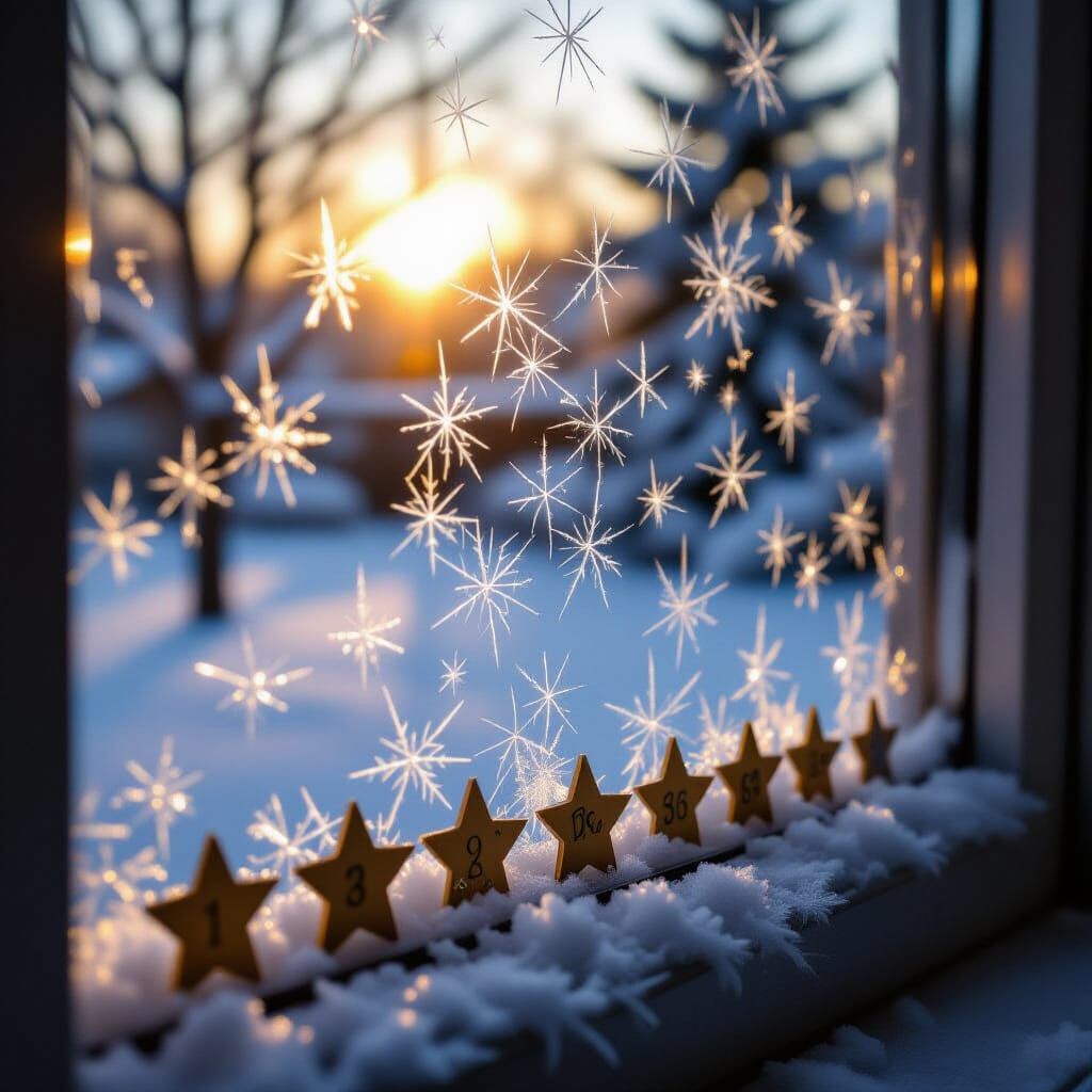 Frosted Window with Advent Calendar Stars in Golden Light