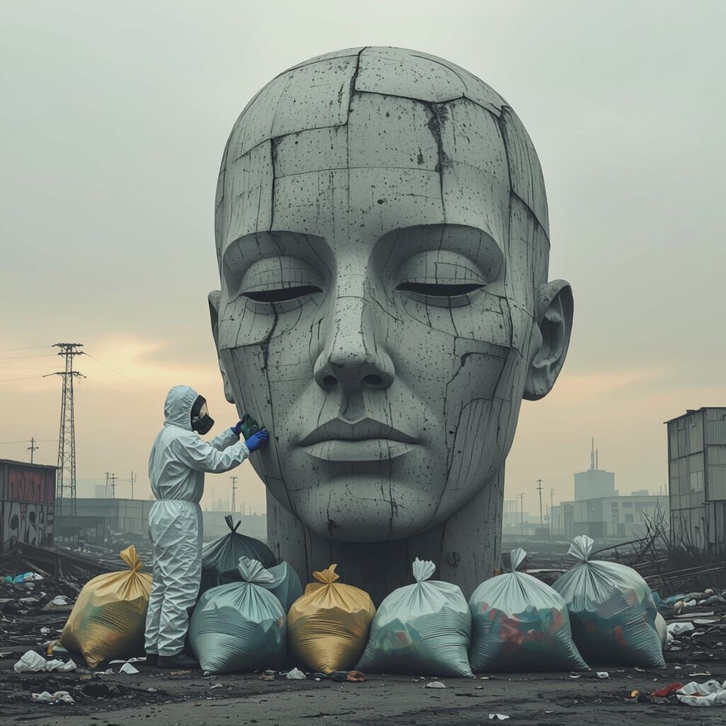 Dystopian Scene: Garbage Disposal in Concrete Head Sculpture