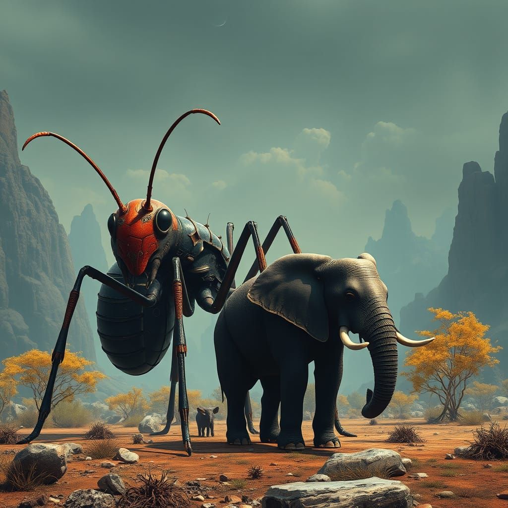 Giant Ant and Tiny Elephant in Surreal Landscape