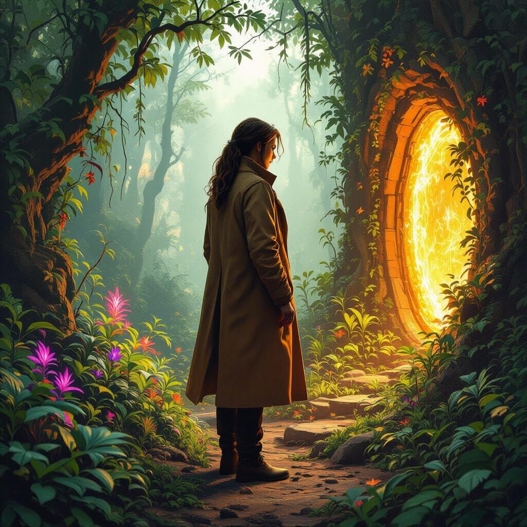 Mystical Forest Vet in Earthy Coat with Glowing Plants
