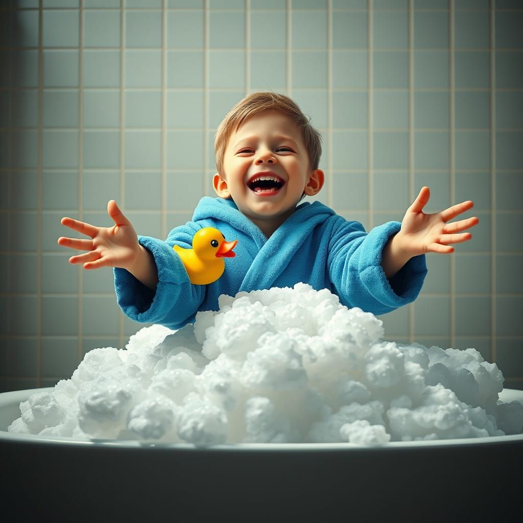 Boy in Foam with Duck in Matte Painting Style