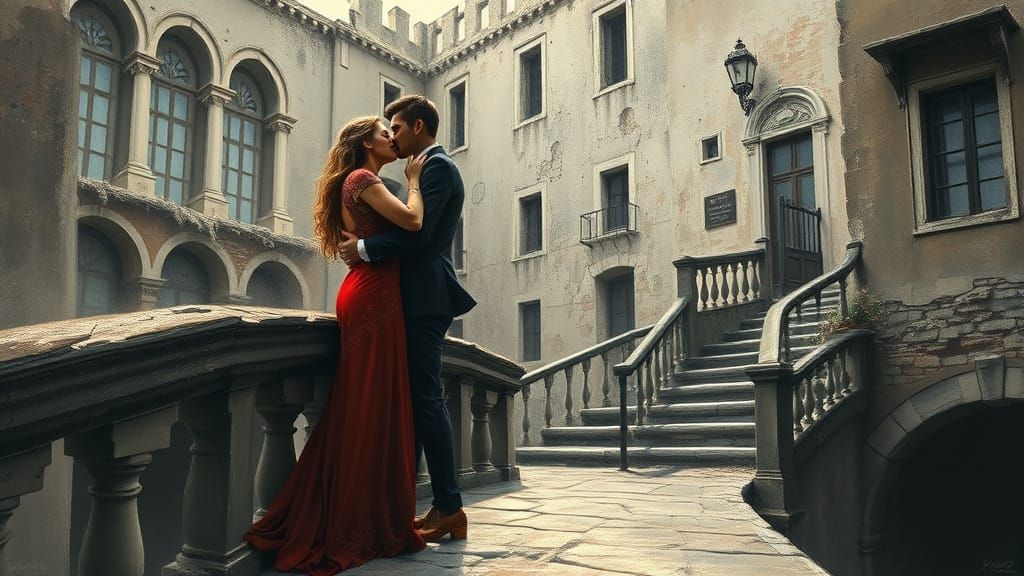 Romantic Bridge Scene in Dramatic, Impressionist Style