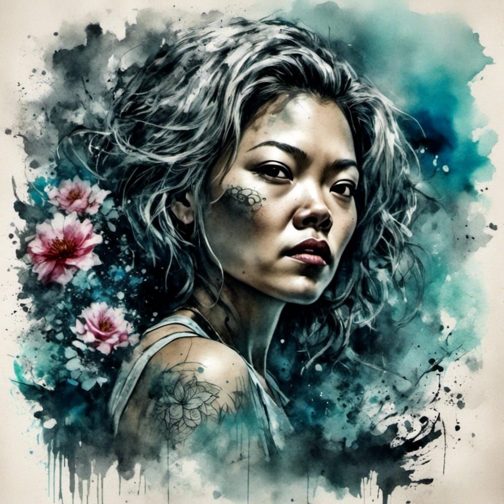 Maori Girl with Tattoos Lying on Beach in Grunge Style