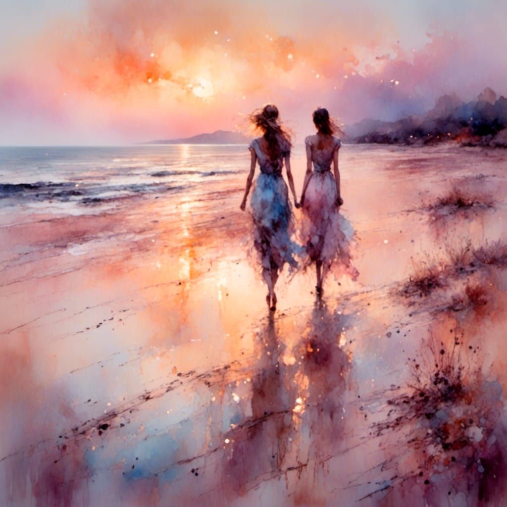 Dreamy Beach Walk at Dusk: Surreal Watercolor
