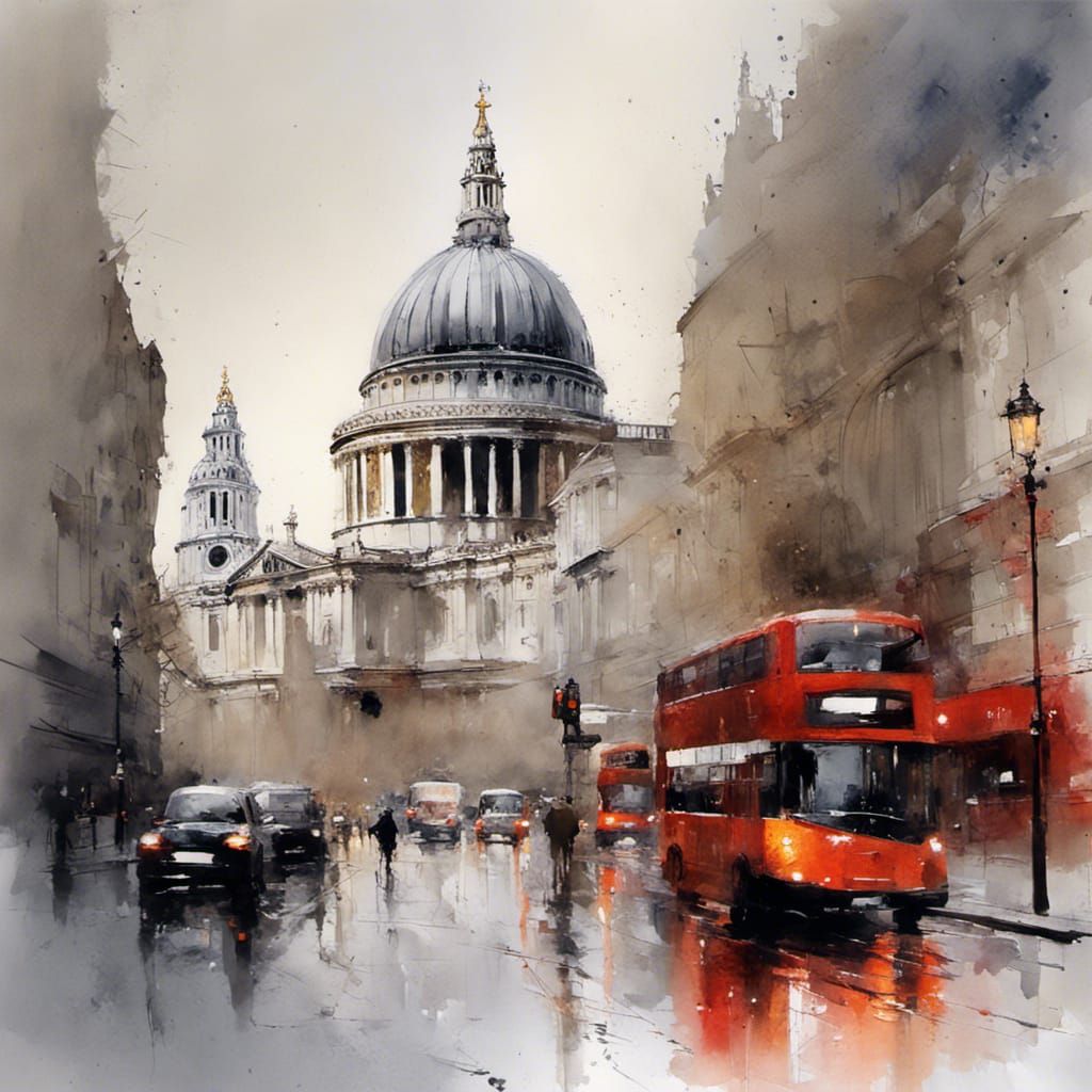 Watercolour wash, St Paul's Cathedral, London, with red doub...