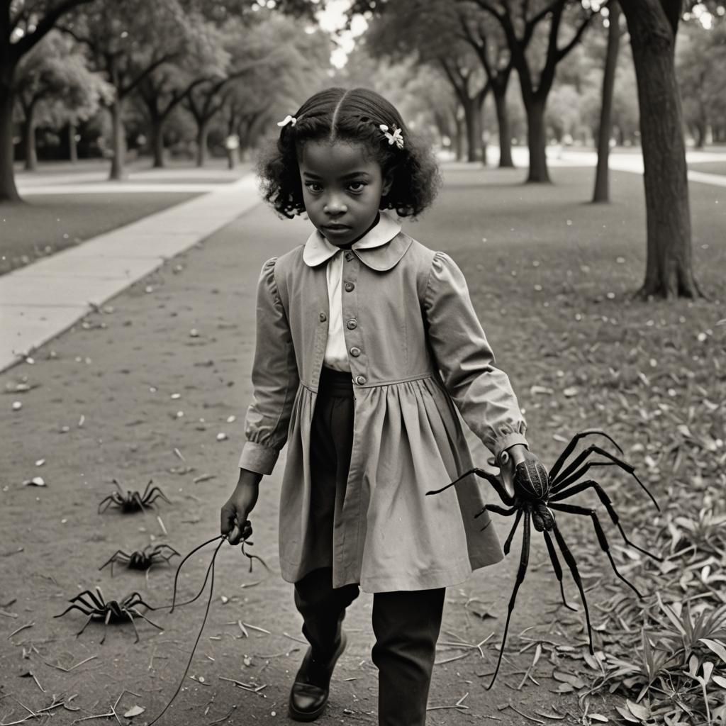 Girl Walks Spider: Vintage Black and White Photo