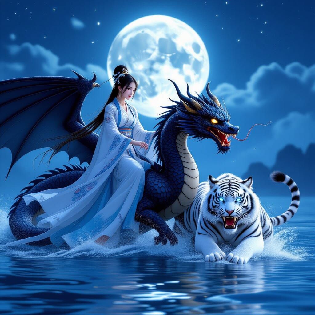 Girl on Dragon with Tiger and Snake Demon